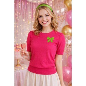 Old Navy Pink Retro Pullover sweater Green Bow size SMALL